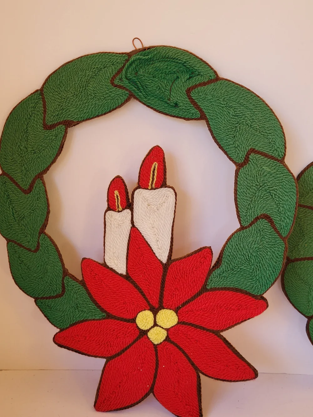 1970s Vintage Huichol Style Mexican Christmas Yarn Poinsettia & Candle Wreath